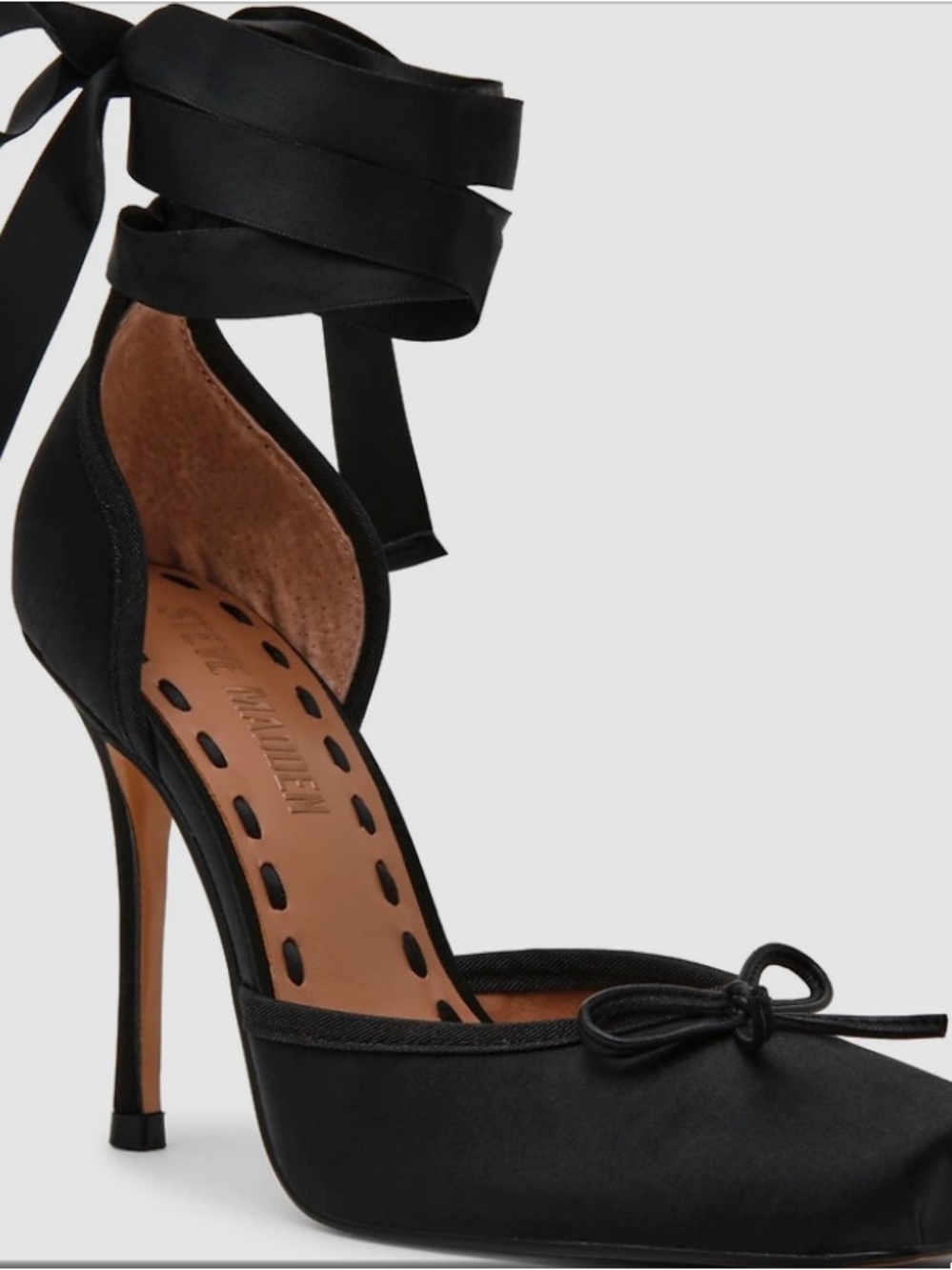 Steve Madden “Larina” Satin Black Ankle-Tie Pointed Toe Heels